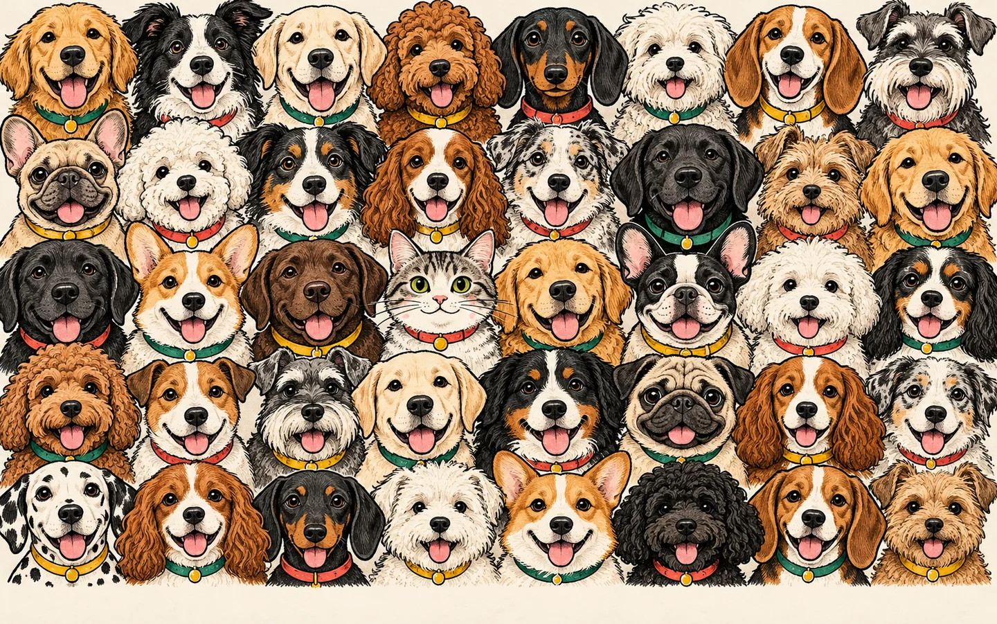 A hidden cat among a packed crowd of dogs